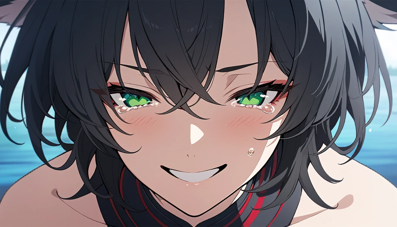 (masterpiece,detailed,highres:1.4), anime artwork. anime style, key visual, vibrant, highly detailed, red and green eyes, fox ears, crying, upper body, black hair, white tips, falling tears, smiling, solo, small smile, male, front