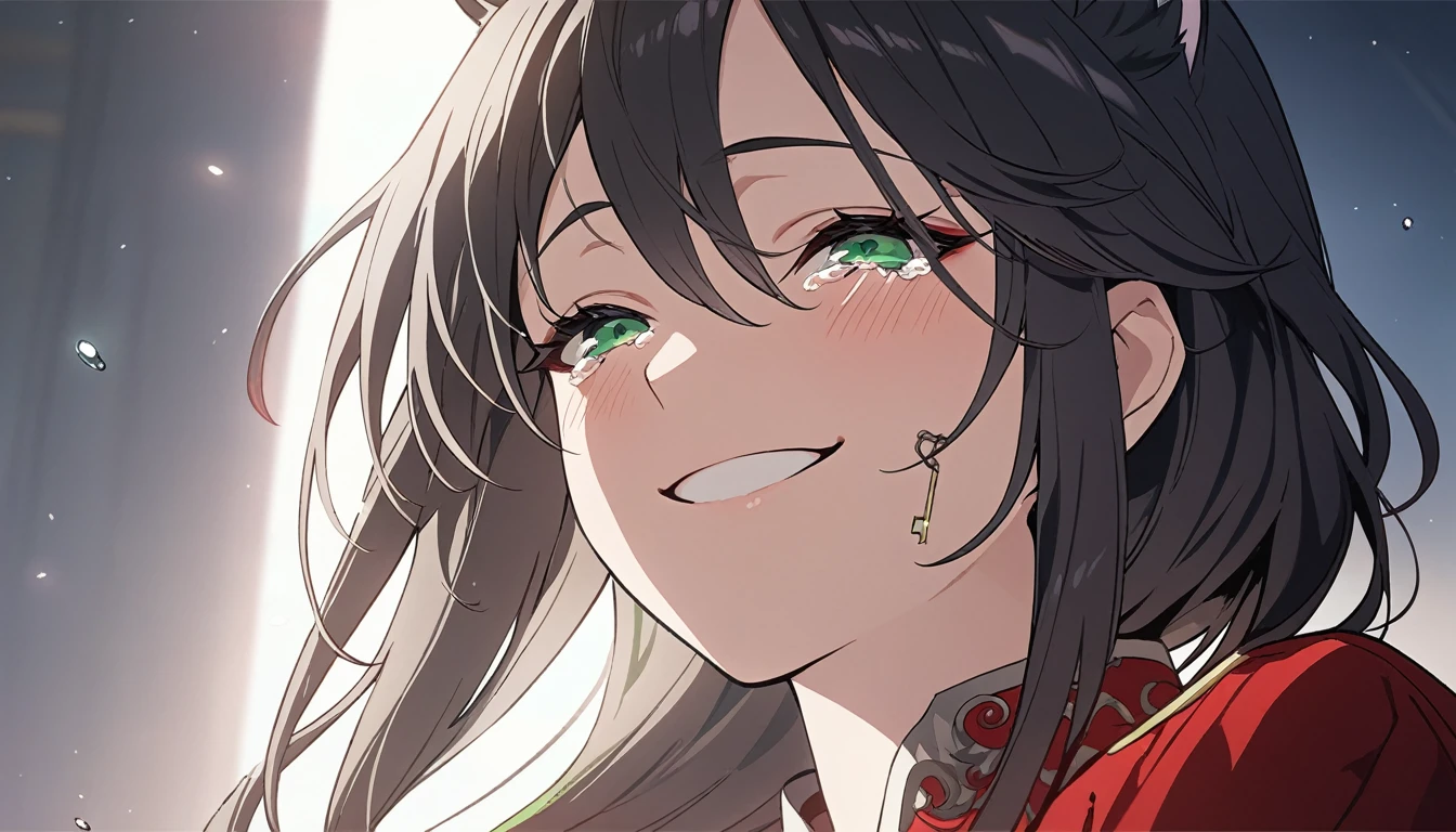 (masterpiece,detailed,highres:1.4), anime artwork. anime style, key visual, vibrant, highly detailed, red and green eyes, fox ears, crying, upper body, black hair, white tips, falling tears, smiling, solo, small smile, male, front