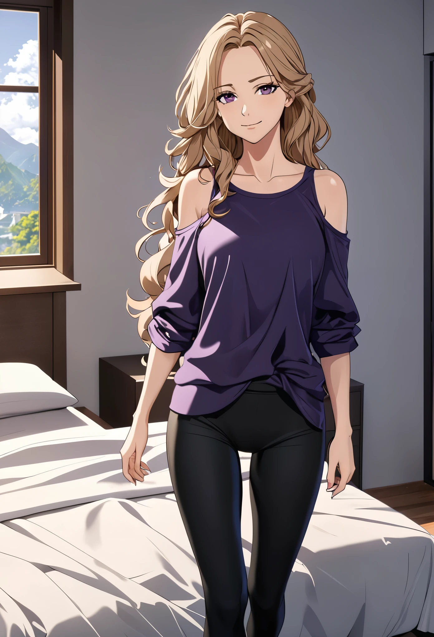 (masterpiece), (high resolution, 8k), (high detailed), woman mature, tall, (wavy long hair (dark blonde)), beautiful face, (close mouth:1.2), tired smile, small breast flat, wearing dark purple colored crystal themed cold shoulder casual shirt and black leggings pants with skirts overlay, standing on bedroom, anime style, unaestheticXL_bp5, SimplePositiveXLv2