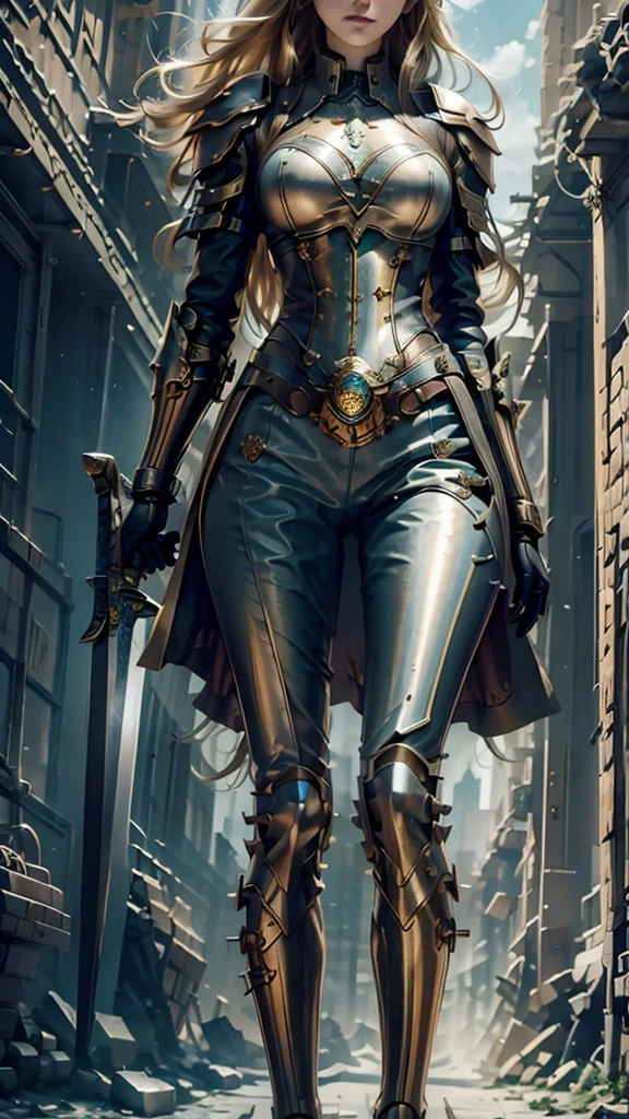 ((best quality)), ((masterpiece)), (detailed), 1 girl, whole body,Standing,Girl,Long blond hair,Green Eyes,Wearing grey steampunk armor,Holding a long sword,Background is the ruins of the city。