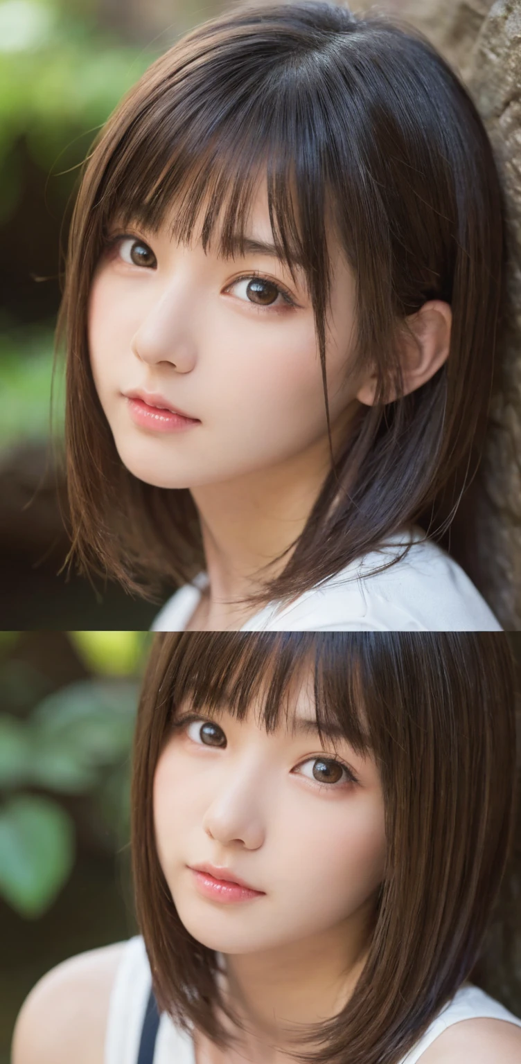 one girl, (a beauty girl, delicate girl:1.3), (16 years old:1.3),
BREAK,  (シャツ:1.2),
BREAK, (Small waterfall　background:1.2),
BREAK, very fine eyes, (symmetrical eyes:1.3),
BREAK, (big breasts:1.1), brown eyes, parted bangs, brown bobcut hair, round face, kawaii,
BREAK, (eyes and faces with detailed:1.0),
BREAK, (masterpiece, best quality, ultra detailed, detailed face, 8K)