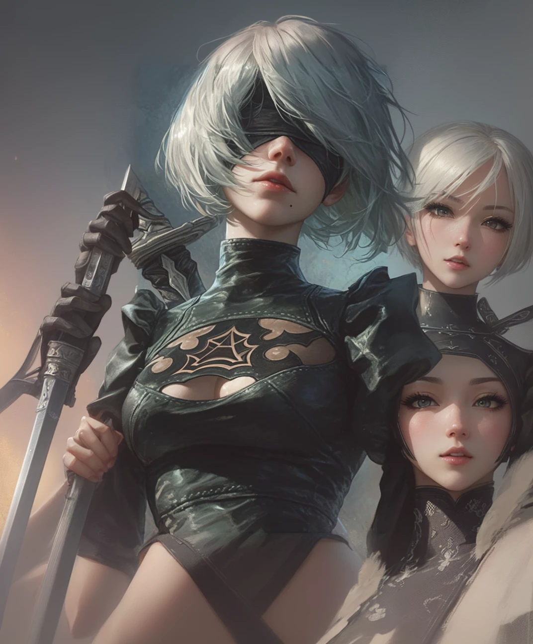 Anime girl with long samurai sword and black outfit posing for a photo、2B Nier オートマトン、Nier:Automaton Inspired、Nier オートマタ インスパイア、Nier オートマタの 2 B、Nier オートマタの 2b、2 b、Nier インスパイアー、Nier 2 b、Bad anime 8k、Nier、Female Assassin、8k high quality detailed art