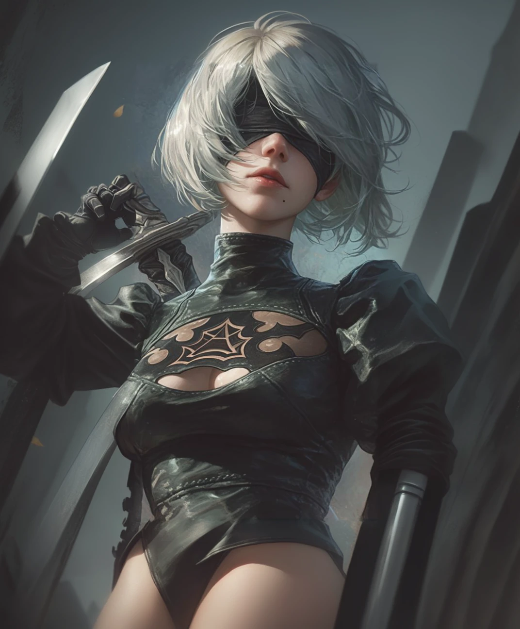 Anime girl with long samurai sword and black outfit posing for a photo、2B Nier オートマトン、Nier:Automaton Inspired、Nier オートマタ インスパイア、Nier オートマタの 2 B、Nier オートマタの 2b、2 b、Nier インスパイアー、Nier 2 b、Bad anime 8k、Nier、Female Assassin、8k high quality detailed art