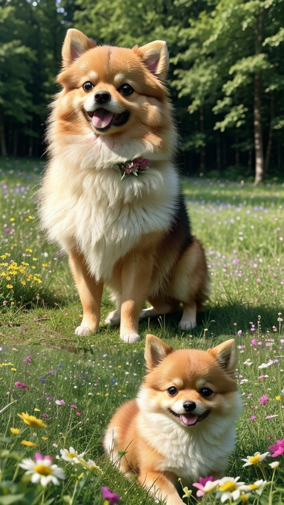 Create an AI-generated image of a Pomeranian in a vibrant, flower-filled meadow within a forest. The dog should look straight at the camera, exuding charm and playfulness. The background should feature colorful flowers and lush greenery, capturing a cheerful and enchanting setting.
