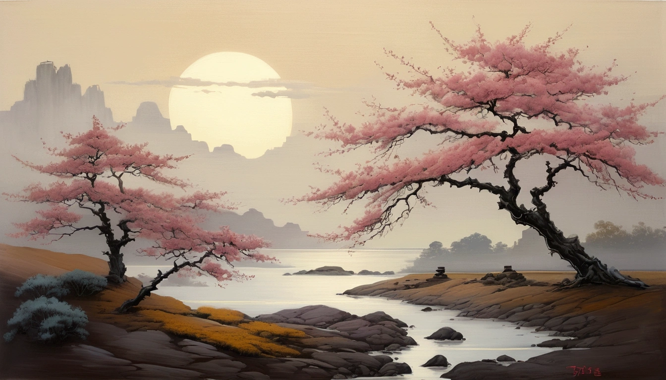 In a secluded garden, the focus shifts to a single blossom swaying gently in the breeze. The use of delicate, detailed lines in the flower against the broader, hazier background creates a poignant, intimate moment that speaks to personal reflection and private musings. A poetic and romantic visual style inspired by traditional Chinese ink painting, with delicate brushstrokes, fluid movements, and serene landscapes. The use of muted colors and soft lighting to evoke a sense of nostalgia and introspection.