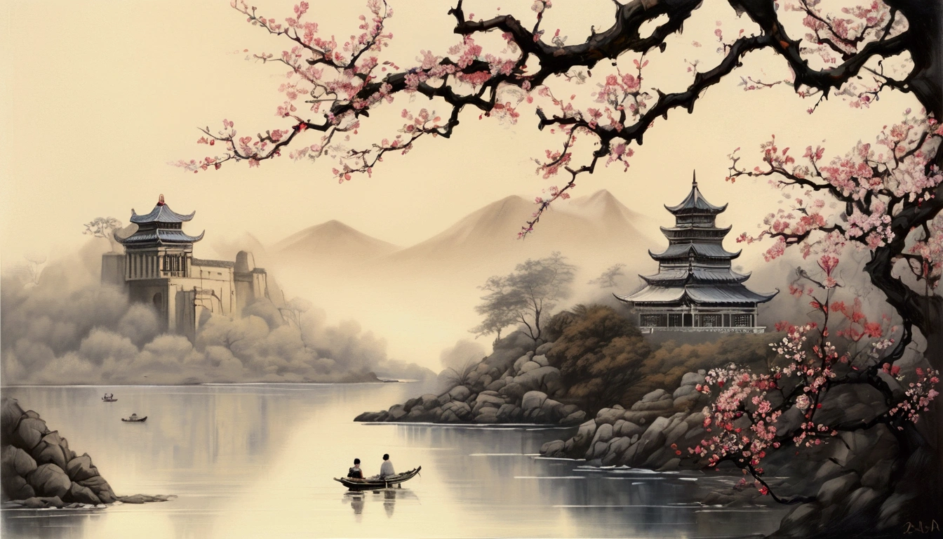 In a secluded garden, the focus shifts to a single blossom swaying gently in the breeze. The use of delicate, detailed lines in the flower against the broader, hazier background creates a poignant, intimate moment that speaks to personal reflection and private musings. A poetic and romantic visual style inspired by traditional Chinese ink painting, with delicate brushstrokes, fluid movements, and serene landscapes. The use of muted colors and soft lighting to evoke a sense of nostalgia and introspection.