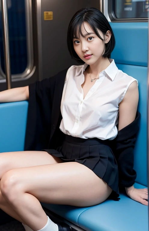 1 female, Thighs, Sitting on a train, , Realistic, RAW Photos, White shirt, Pleated skirt, Black short socks, loafers, Beautiful legs, Medium Hair, bangs, View your viewers, Highest quality, chest, Open clothes,