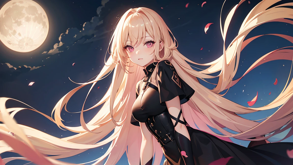 adult woman, pink eyes, long blonde hair, sexy black dress, moon, night