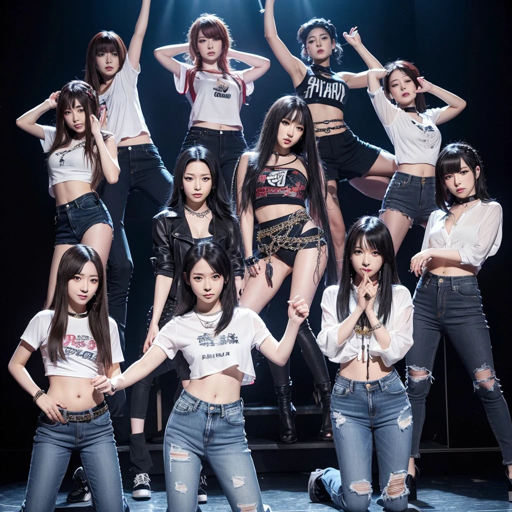 Japanese female dance and pop musical group with 8 members. 6 long-haired members and 2 short-haired members all long-haired, with jeans and a provocative translucent shirt, with chains and spikes.