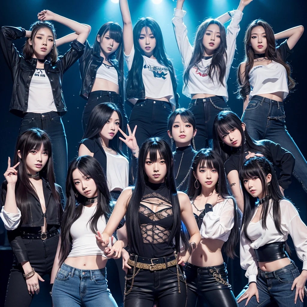 Japanese female dance and pop musical group with 8 members. 6 long-haired members and 2 short-haired members all long-haired, with jeans and a provocative translucent shirt, with chains and spikes.