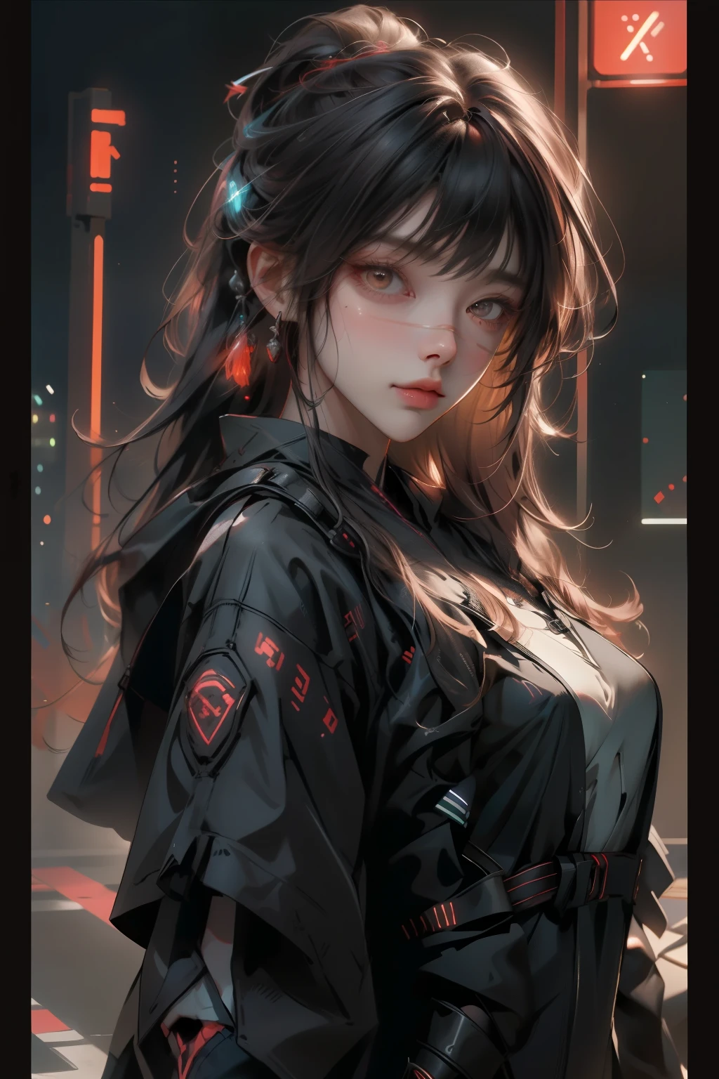 ((best quality)), ((Masterpiece)), (details:1.4), 3d, Image of a beautiful cyberpunk woman., HDR (high dynamic range), long hair, Red hair, future police, PBR surface, After processing,Anisotropic filtration,depth of field, Maximum clarity and clarity, multi-layered surface, perfect proportions, 8K raw files, รอยแผลเป็นบนใบหน้า, Yoru