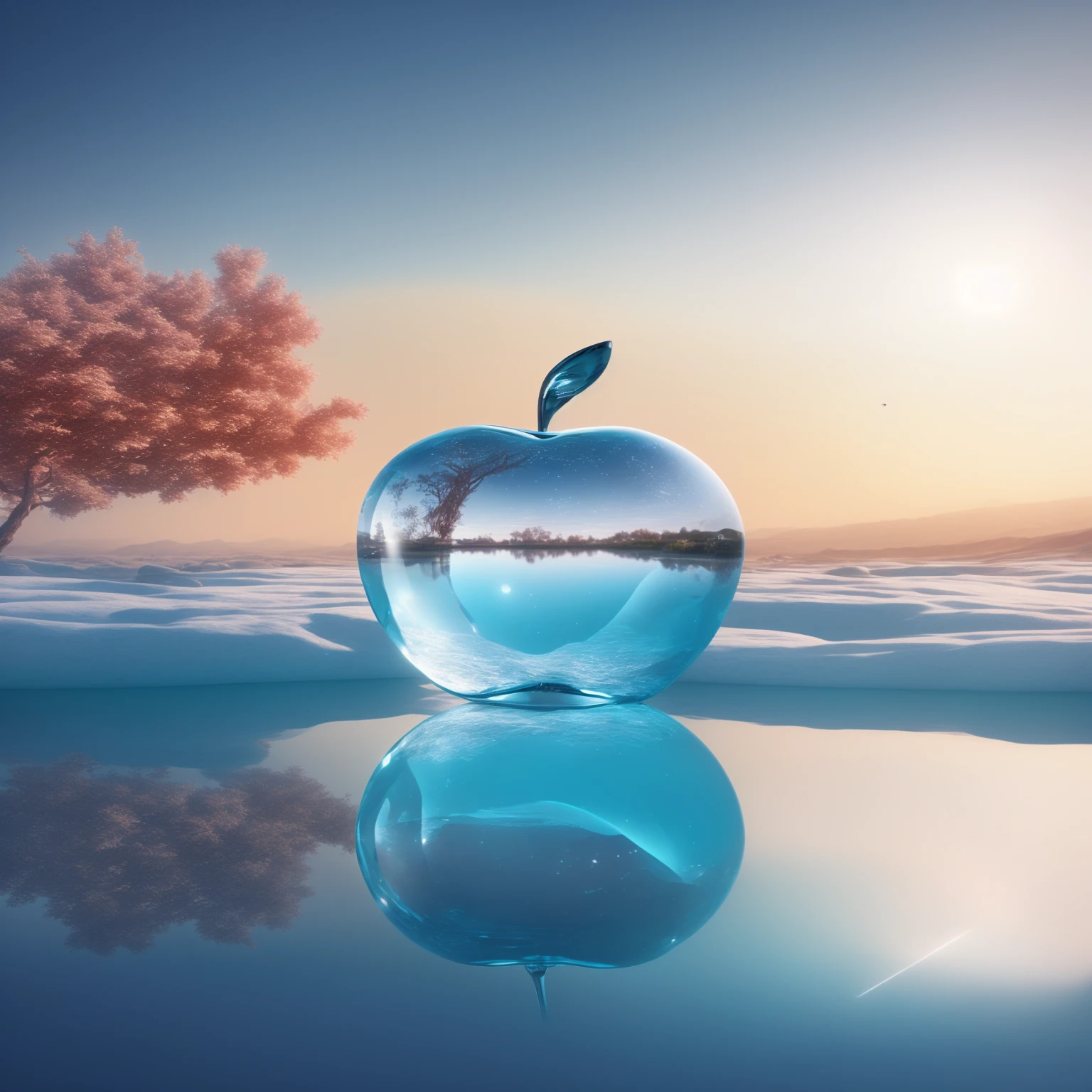 There is a glass apple on the table，a tree in the background, 3D rendering of beeple, 3d rendering digital art, Rendering in Cinema 4D, rendered in cinema4d, Philip Hodas&#39;s Artistic Style, 3D Art Rendering, Jagged glass apple in the dark, Rendering in KeyShot, 3D Digital Art 4k