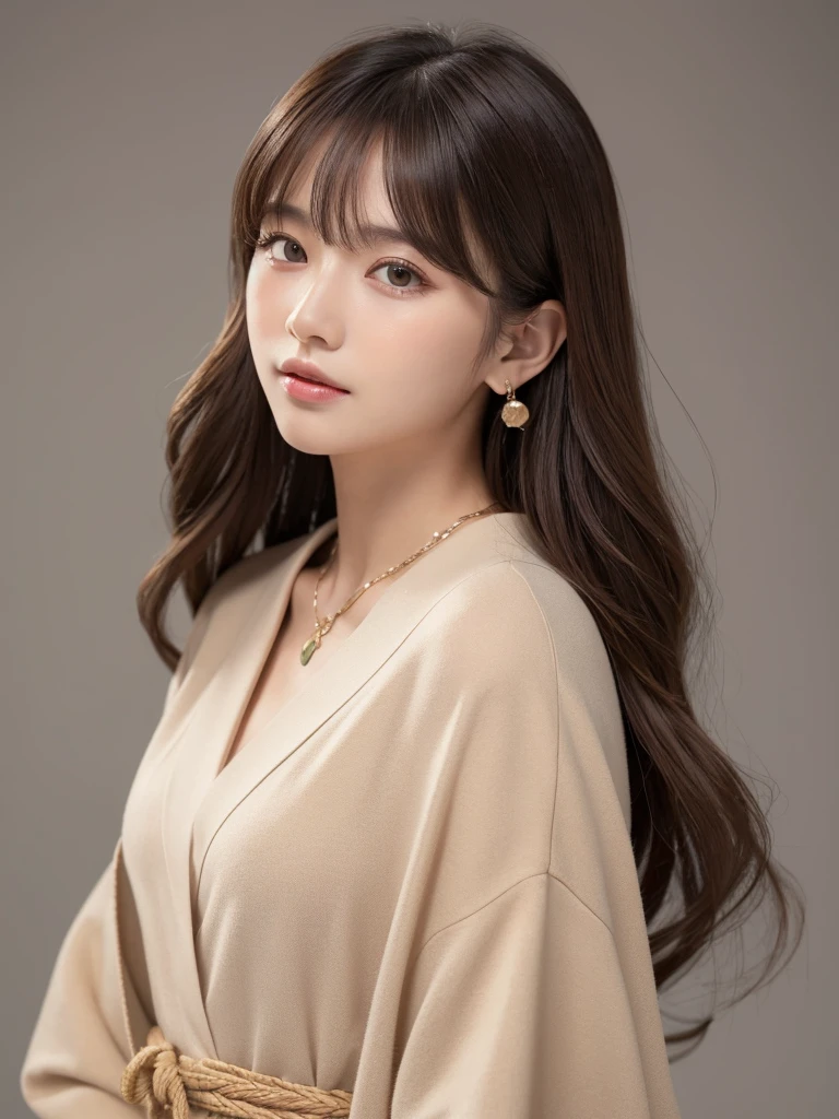 ((Highest quality, 8K, masterpiece:1.3)), concentrate: 1.2, Perfect body beauty: 1.4, Hips: 1.2, ((Long Hair, chest: 1.2)), (Dry clothes: 1.1) , (clear, Simple Background:1.3), Simple clothes: 1.1, Highly detailed face and skin texture,Delicate eyes, double eyelid, Whitened skin, Rough skin、Long Hair、Earrings with bangs、necklace、 solo、Beige coat、White shirt, (((Beautiful girl with cute Japan)))、 ((Beautiful Japanese girl 20 years old))、 ((Baby Face))、 (((Slender body)))、 Upper Body,Face focus、necklace,Simple Background,From above, Realistic Hair、 A photograph was taken:Canon EOS R6、135mm、1/1250 seconds、f2.8、ISO400、(Detailed explanation of the hand)、(Masseter muscle area)、(Exquisite CG)、Long Hair, loose and curly hair、Korean Hair、Long Hair明るいベージュ色、グラデーションハイライトグレージュのゆるふわLong Hairスタイル、