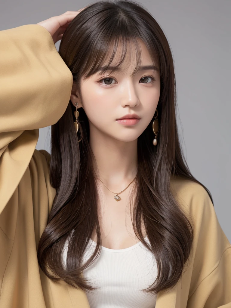 ((Highest quality, 8K, masterpiece:1.3)), concentrate: 1.2, Perfect body beauty: 1.4, Hips: 1.2, ((Long Hair, chest: 1.2)), (Dry clothes: 1.1) , (clear, Simple Background:1.3), Simple clothes: 1.1, Highly detailed face and skin texture,Delicate eyes, double eyelid, Whitened skin, Rough skin、Long Hair、Earrings with bangs、necklace、 solo、Beige coat、White shirt, (((Beautiful girl with cute Japan)))、 ((Beautiful Japanese girl 20 years old))、 ((Baby Face))、 (((Slender body)))、 Upper Body,Face focus、necklace,Simple Background,From above, Realistic Hair、 A photograph was taken:Canon EOS R6、135mm、1/1250 seconds、f2.8、ISO400、(Detailed explanation of the hand)、(Masseter muscle area)、(Exquisite CG)、Long Hair, loose and curly hair、Korean Hair、Long Hair明るいベージュ色、グラデーションハイライトグレージュのゆるふわLong Hairスタイル、