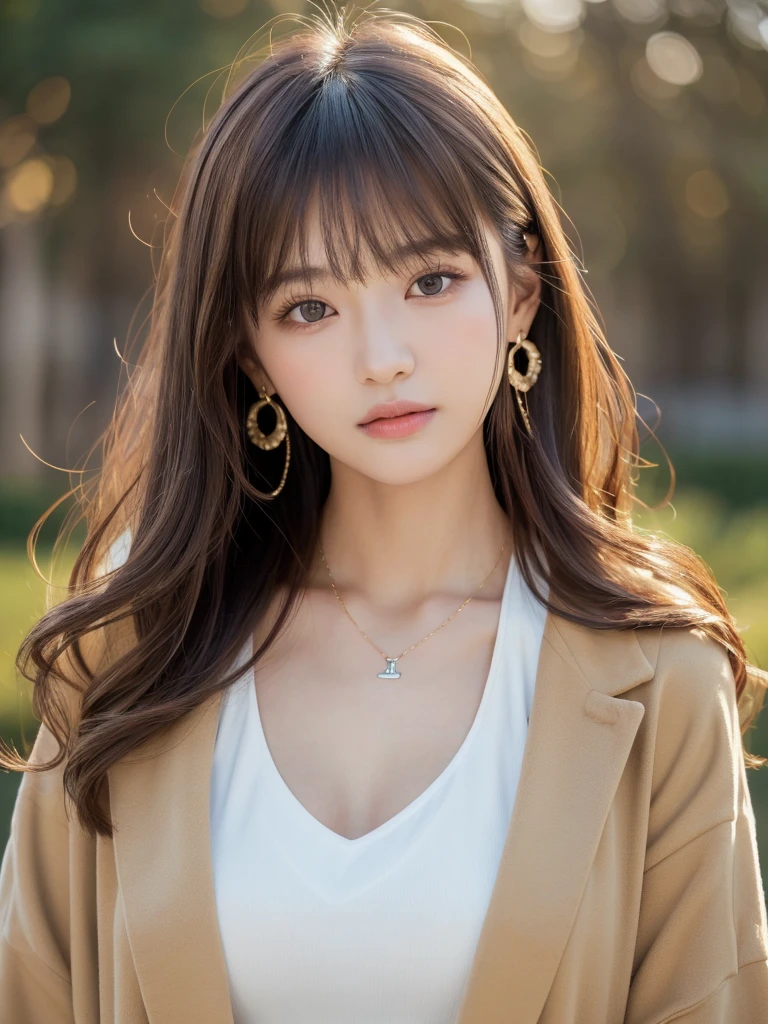 ((Highest quality, 8K, masterpiece:1.3)), concentrate: 1.2, Perfect body beauty: 1.4, Hips: 1.2, ((Long Hair, chest: 1.2)), (Dry clothes: 1.1) , (clear, Simple Background:1.3), Simple clothes: 1.1, Highly detailed face and skin texture,Delicate eyes, double eyelid, Whitened skin, Rough skin、Long Hair、Earrings with bangs、necklace、 solo、Beige coat、White shirt, (((Beautiful girl with cute Japan)))、 ((Beautiful Japanese girl 20 years old))、 ((Baby Face))、 (((Slender body)))、 Upper Body,Face focus、necklace,Simple Background,From above, Realistic Hair、 A photograph was taken:Canon EOS R6、135mm、1/1250 seconds、f2.8、ISO400、(Detailed explanation of the hand)、(Masseter muscle area)、(Exquisite CG)、Long Hair, loose and curly hair、Korean Hair、Long Hair明るいベージュ色、グラデーションハイライトグレージュのゆるふわLong Hairスタイル、