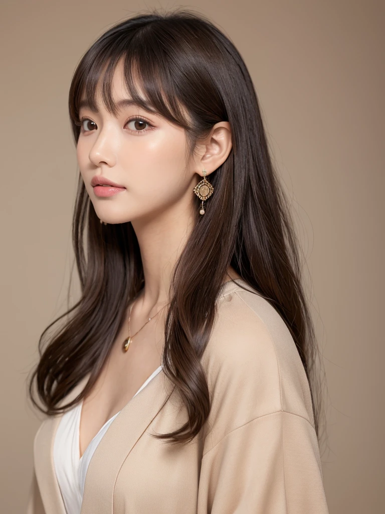 ((Highest quality, 8K, masterpiece:1.3)), concentrate: 1.2, Perfect body beauty: 1.4, Hips: 1.2, ((Long Hair, chest: 1.2)), (Dry clothes: 1.1) , (clear, Simple Background:1.3), Simple clothes: 1.1, Highly detailed face and skin texture,Delicate eyes, double eyelid, Whitened skin, Rough skin、Long Hair、Earrings with bangs、necklace、 solo、Beige coat、White shirt, (((Beautiful girl with cute Japan)))、 ((Beautiful Japanese girl 20 years old))、 ((Baby Face))、 (((Slender body)))、 Upper Body,Face focus、necklace,Simple Background,From above, Realistic Hair、 A photograph was taken:Canon EOS R6、135mm、1/1250 seconds、f2.8、ISO400、(Detailed explanation of the hand)、(Masseter muscle area)、(Exquisite CG)、Long Hair, loose and curly hair、Korean Hair、Long Hair明るいベージュ色、グラデーションハイライトグレージュのゆるふわLong Hairスタイル、