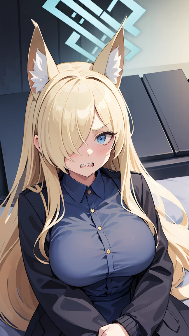 Kanna Ogata（Blue Archive）,Blonde long hair,Grey gap,Wolf Ears,One eye is covered by hair,Large Breasts,Circle of angels overhead,Jagged teeth,Embarrassed,masterpiece,8K,Dark blue shirt,Black jacket