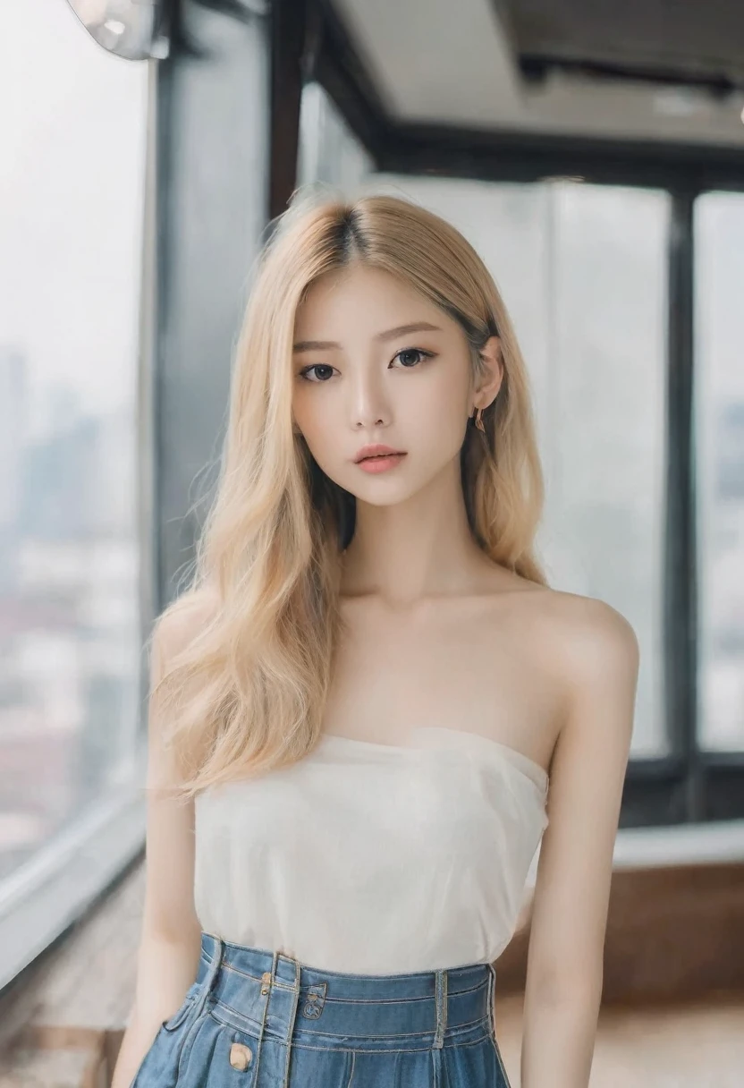 (((European Caucasian Woman)))、(((Mary, 18 years old)))、one person、(Thin contours、grey Eye)、(Thin contours)、(Big Breasts:1.5)、Narrow waist、(((White and translucent skin:1.3)))、Beautiful, shiny blonde medium-long hair、8-head-tall model style、Waist-down angle、Tokyo city、Full body focus
