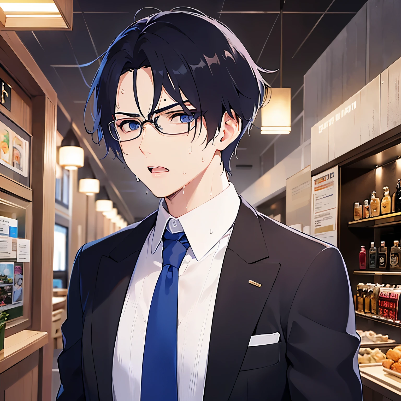 plastic frame eyewear、upper body、shiny skin, masterpiece、Highest quality、(25-year-old male:1.5) and (Black short hair) and (blue eyes), Hair over one eye, (suit:1.5) and (Blue tie）、(angry:1.2), (sweat:1.5), open mouth, (Alone:1.5)、Are standing、The background is the interior of a restaurant at night.、