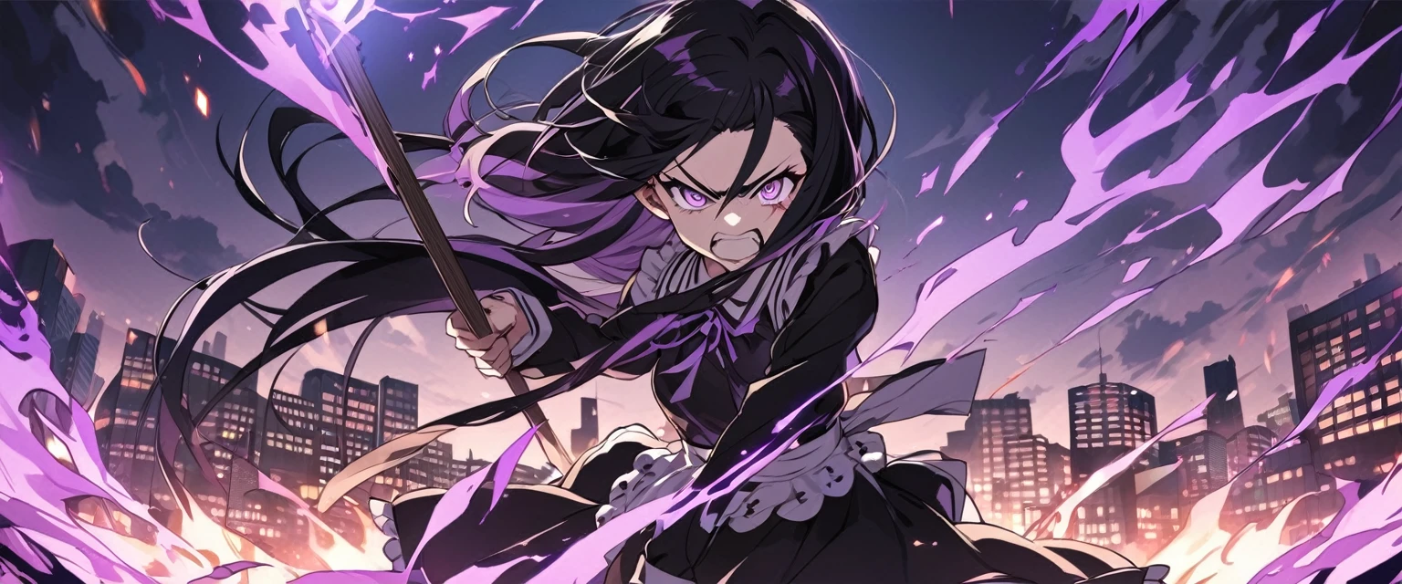 A teenager maid with long black hair and purple eyes. She is angry. The background is a city with purple fire. Kimetsu no Yaiba Art Style.