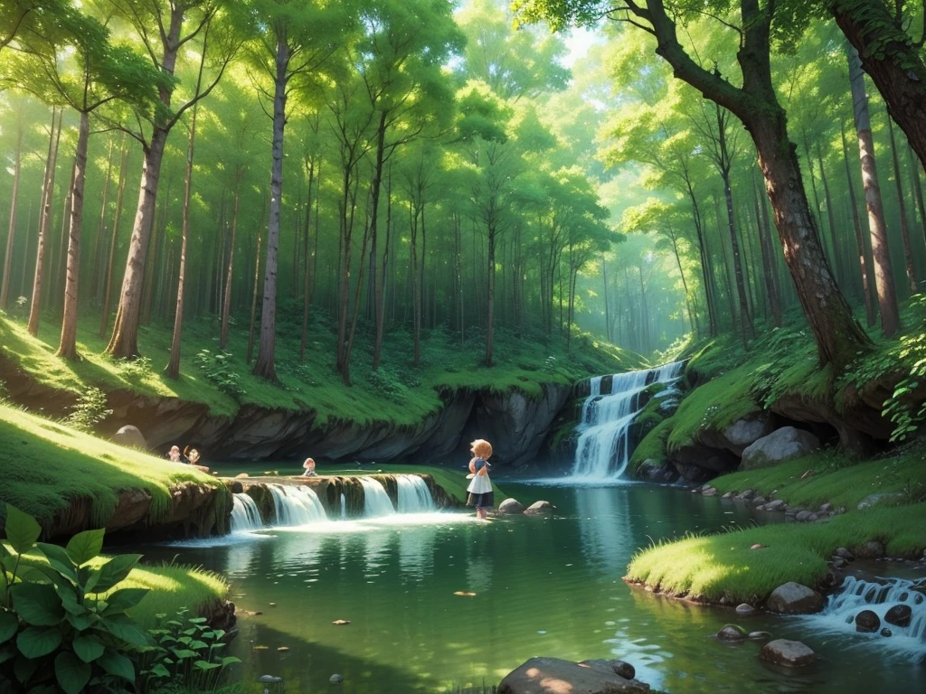 Draw a 3D Anime picture of the beautiful little spirits playing in the middle of the lush green forest