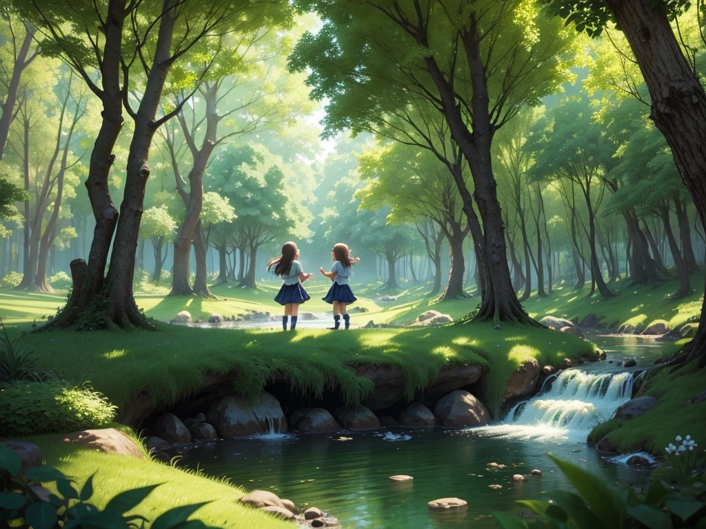 Draw a 3D Anime picture of the beautiful little spirits playing in the middle of the lush green forest