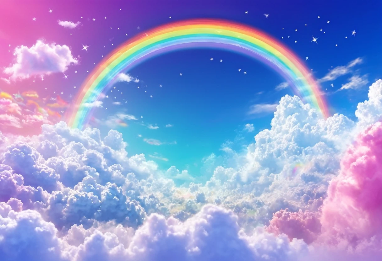 Clouds and sky with rainbows and stars, Rainbow Cloud, Fantasy fluffy sky, Rainbow Clouds, Rainbow Background, The background is like heaven, Soft Rainbow, So magical and dreamy, Bright rainbow halo, Magic Background, Fluffy pink cartoon cloud, Background Art, Dreamy Clouds, Dreamy sky, Multicolored clouds, Magical Color Theme, (((Multicolored clouds))), So colorful and heavenly