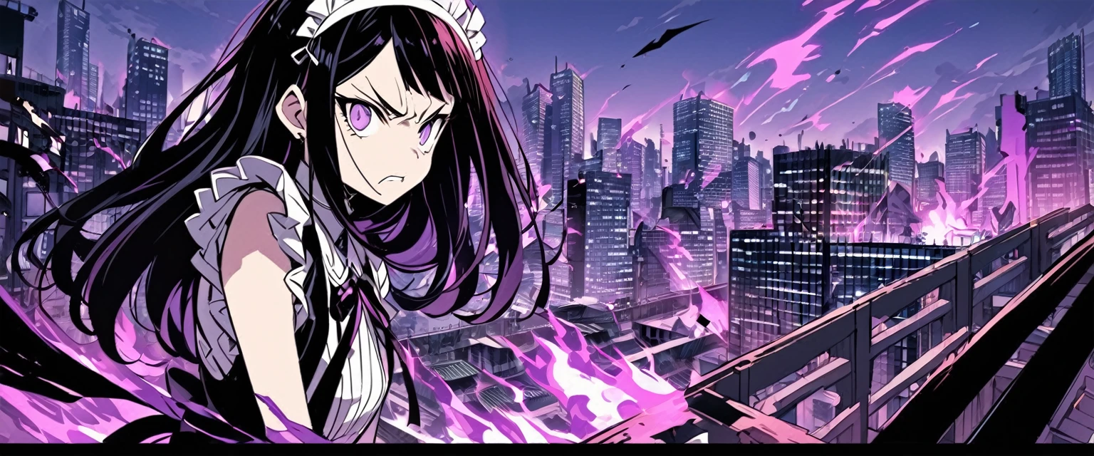 A ager maid with long black hair and purple eyes. She is angry. The background is a city with purple fire. Kimetsu no Yaiba Art Style.