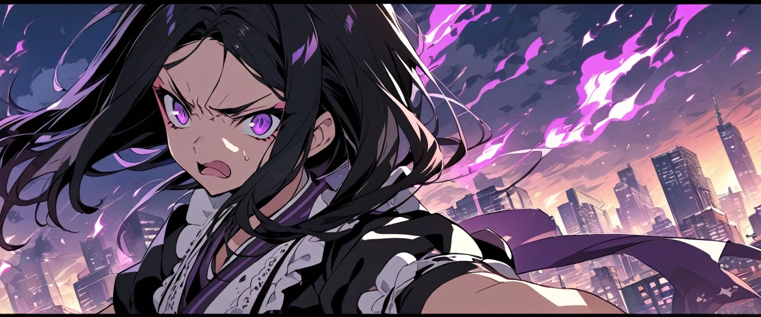 A teenager maid with long black hair and purple eyes. She is angry. The background is a city with purple fire. Kimetsu no Yaiba Art Style.