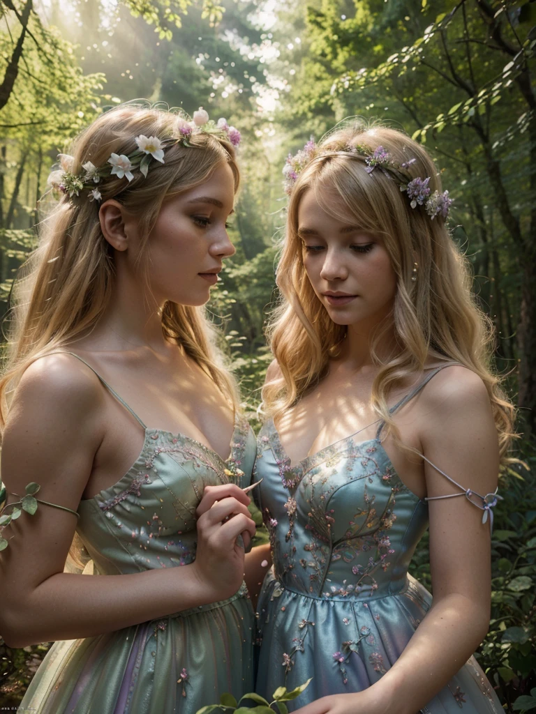 a beautiful blonde woman in a fairy dress, a second blonde woman in a fairy dress, enchanted forest, fairy tale scene, beautiful lighting, detailed faces, intricate fairy dress, delicate lace, shimmering fabric, flower crowns, pink and purple hues, glowing lights, sunbeams, detailed foliage, mossy rocks, floating petals, fairytale atmosphere, (best quality,4k,8k,highres,masterpiece:1.2),ultra-detailed,(realistic,photorealistic,photo-realistic:1.37),cinematic lighting,vibrant colors,ethereal,whimsical,enchanting
