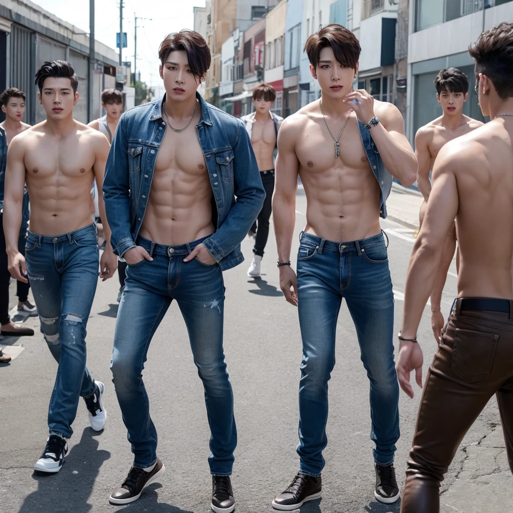 Male idol music group, without shirts and with jeans, counting and dancing, with a sensual and dangerous concept, everyone looking straight ahead.