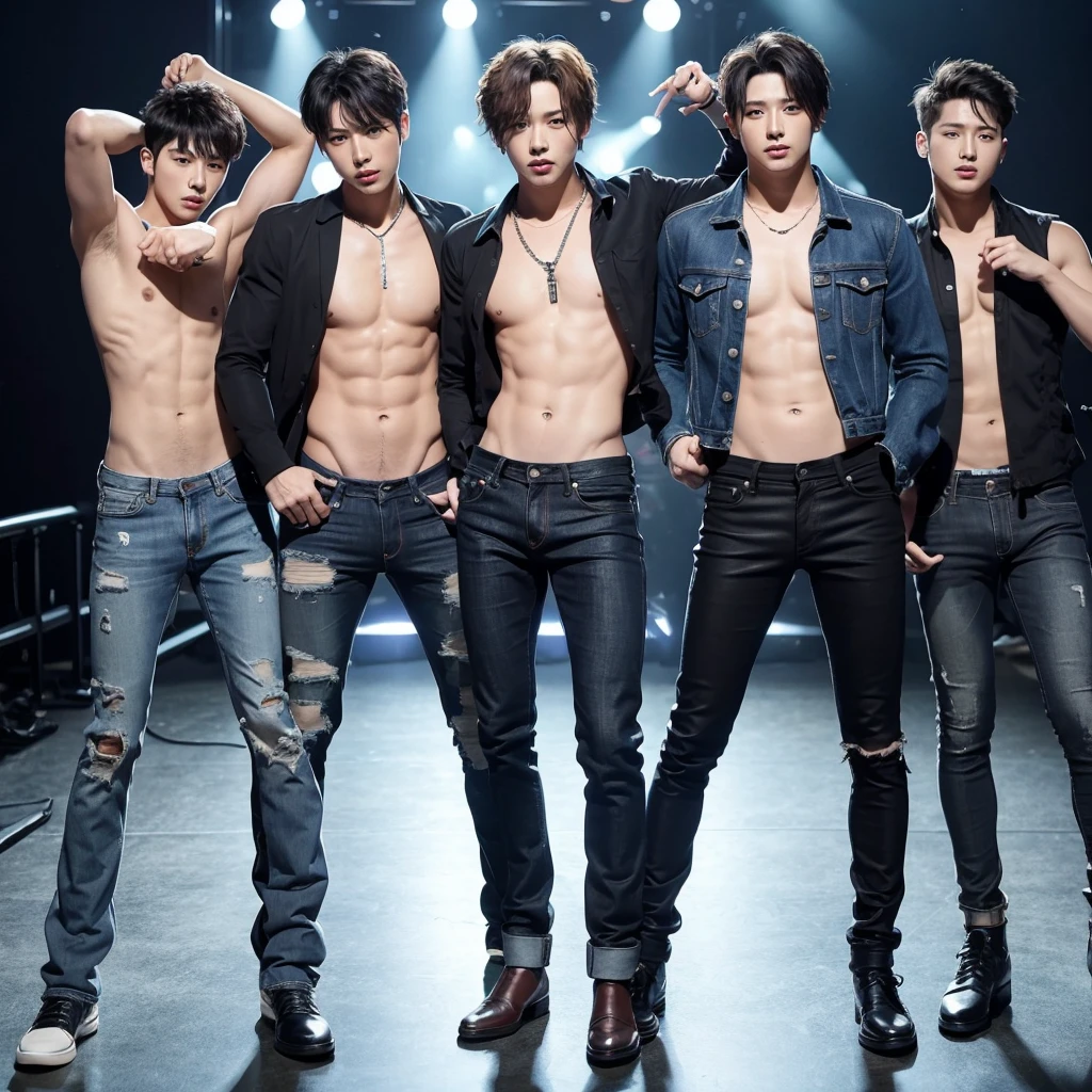 Male idol music group, without shirts and with jeans, counting and dancing, with a sensual and dangerous concept, everyone looking straight ahead.