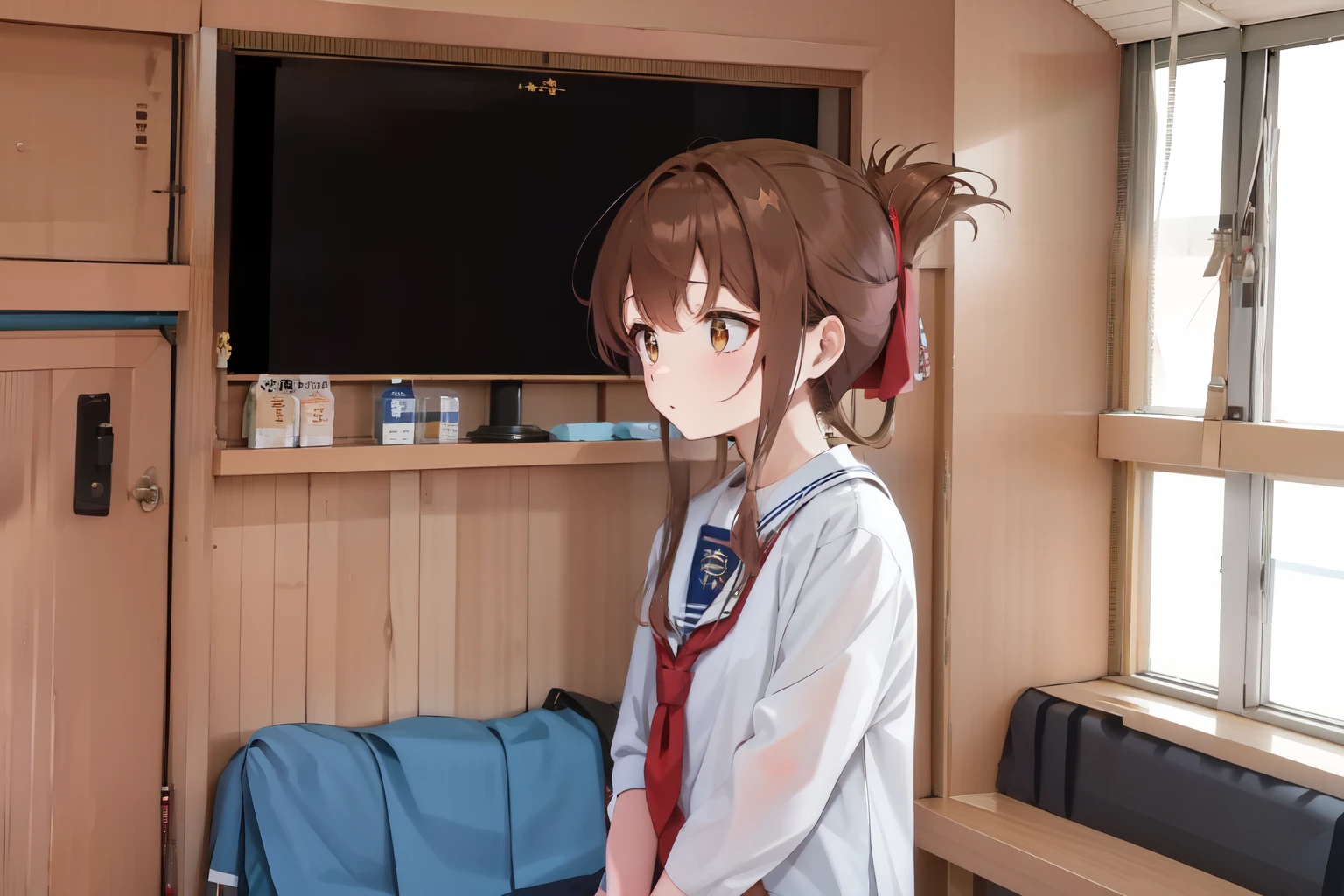 A female student in a sailor uniform is watching a physical education class in the gymnasium because she is feeling unwell,(masterpiece, best quality:1.2),illustration,8K,HD,1girl,独奏,upper body,(portrait:1.2),brown_hair,folded_ponytail,brown_eyes,serafuku,long_hair,school_uniform,skirt,pleated_skirt,