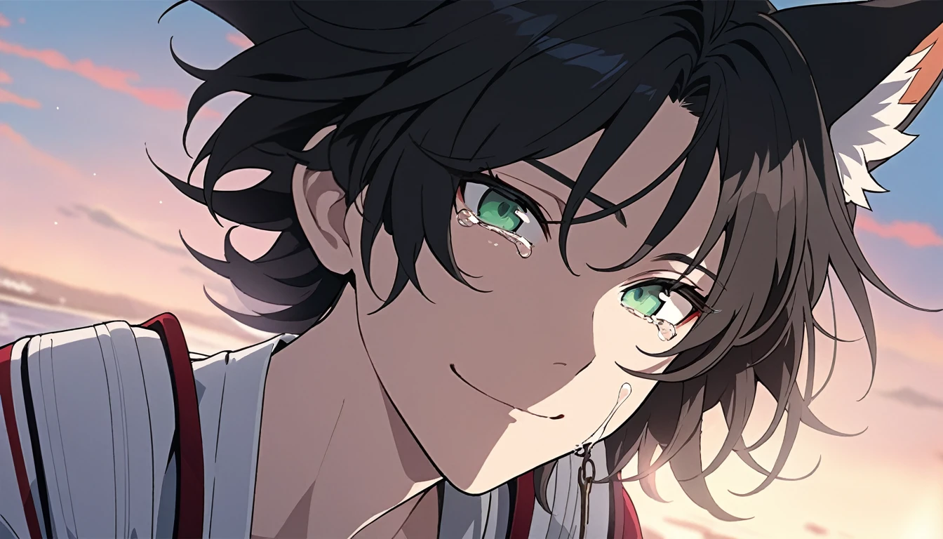(masterpiece,detailed,highres:1.4), anime artwork. anime style, key visual, vibrant, highly detailed, red and green eyes,  fox ears, crying, upper body, black hair, white tips, falling tears, smiling, solo, small smile, male, front, closed mouth
