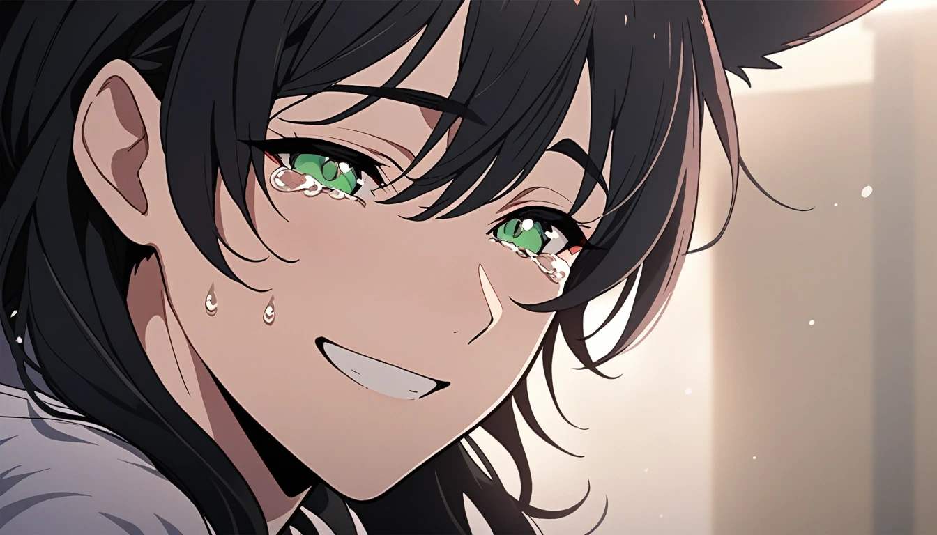 (masterpiece,detailed,highres:1.4), anime artwork. anime style, key visual, vibrant, highly detailed, red and green eyes,  fox ears, crying, upper body, black hair, white tips, falling tears, smiling, solo, small smile, male, front, closed mouth