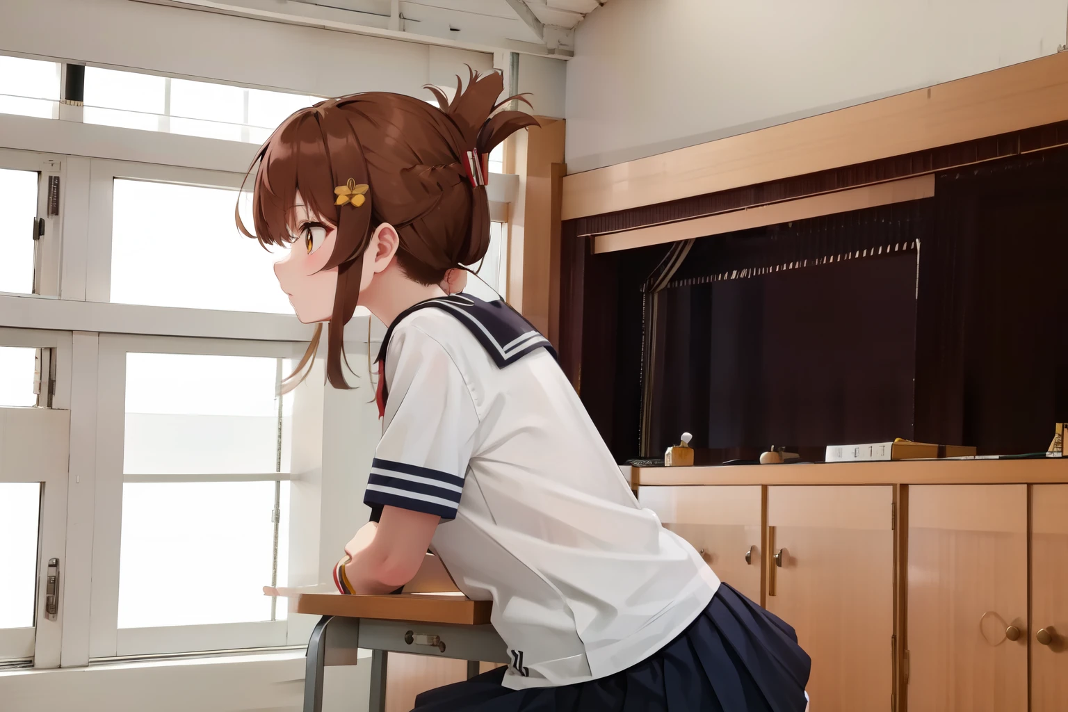 A female student in a sailor uniform is watching a physical education class in the gymnasium because she is feeling unwell,(masterpiece, best quality:1.2),illustration,8K,HD,1girl,独奏,upper body,(portrait:1.2),brown_hair,folded_ponytail,brown_eyes,serafuku,long_hair,school_uniform,skirt,pleated_skirt,