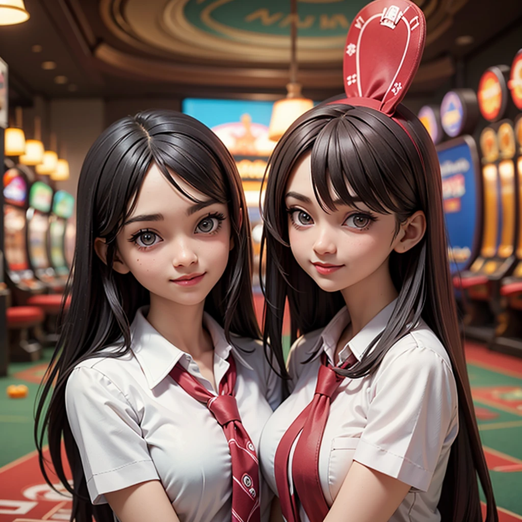 ((best quality)), ((masterpiece)), (detailed), happy and smile, {{indonesian girl}}, {wearing high school uniform}, teasing and waiting customer play, standing, playing in casino, red casino background, polite and kind, Sweet Face, roulette table, poker table, big slot machines right and left, win jackpot, {{no headwear, no hat}}, private casino, crowded gambling area in background, so crowded, so many people, las vegas, american, illusions, halloween casino, dont wear hat, no headwear, no hat, together with thailand and vietnam girl, 