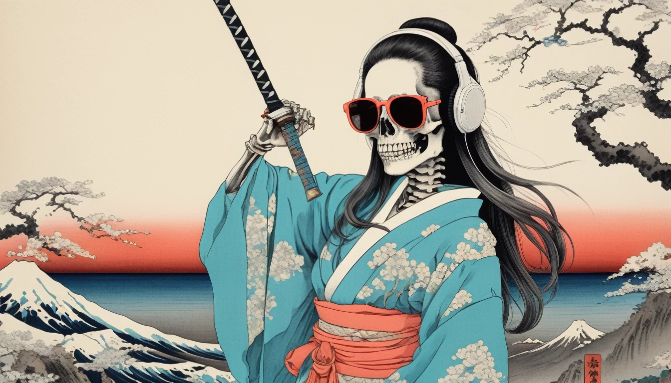 A female skeleton with long hair wearing a neon kimono, Sunglasses with tinted lenses, Katsushika Hokusai, Ink Painting, Japanese style headphones, Holding a Japanese sword in one's mouth, Modern ukiyo-e style, Red Eyes