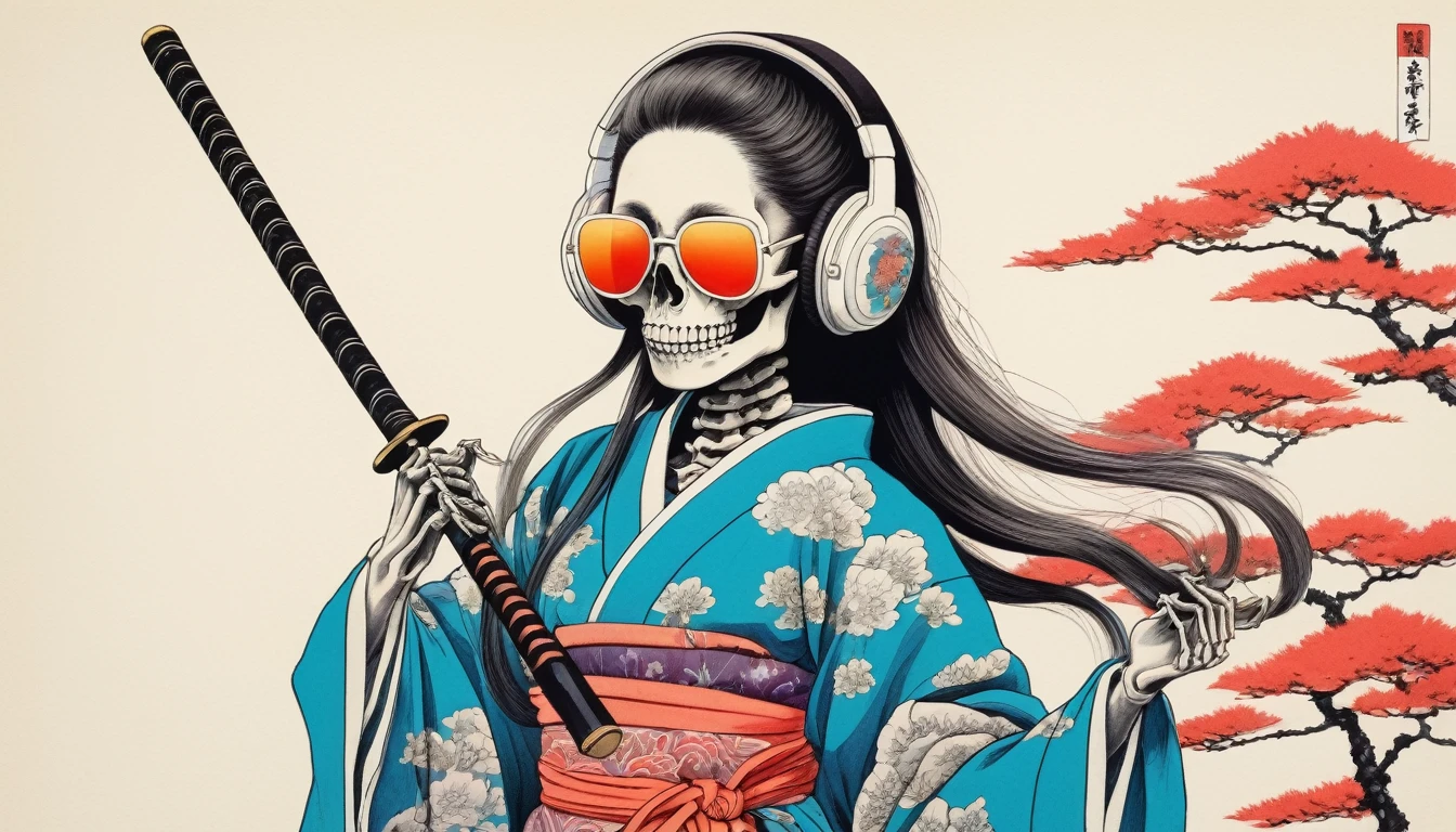 A female skeleton with long hair wearing a neon kimono, Sunglasses with tinted lenses, Katsushika Hokusai, Ink Painting, Japanese style headphones, Holding a Japanese sword in one's mouth, Modern ukiyo-e style, Red Eyes