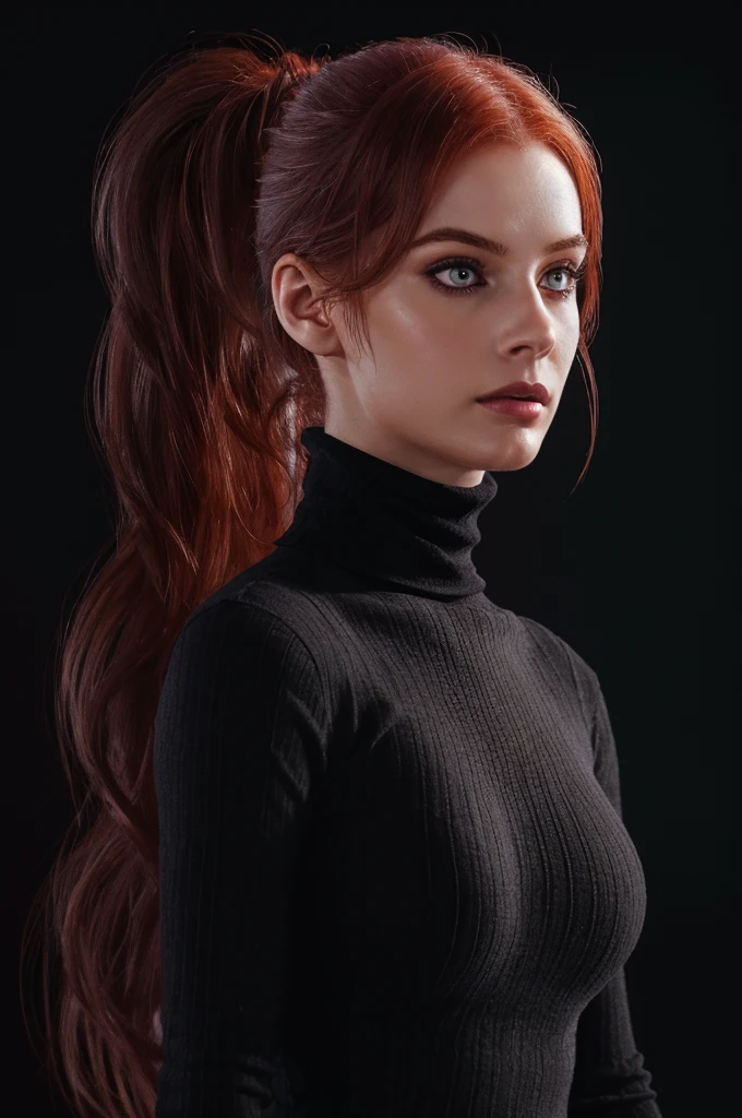 woman with medium-ponytail ,Auburn-red-hair, hairy ponytail, pale, wearing black turtleneck. eyeliner,portrait, beautiful woman, beautiful female ,beautiful ,eyeliner , elegant, digital painting, smooth, dramatic lighting, ultra realistic, 8k, art , blur backgrond, black background ,black background,black wallpaper,wearing black turtleneck.