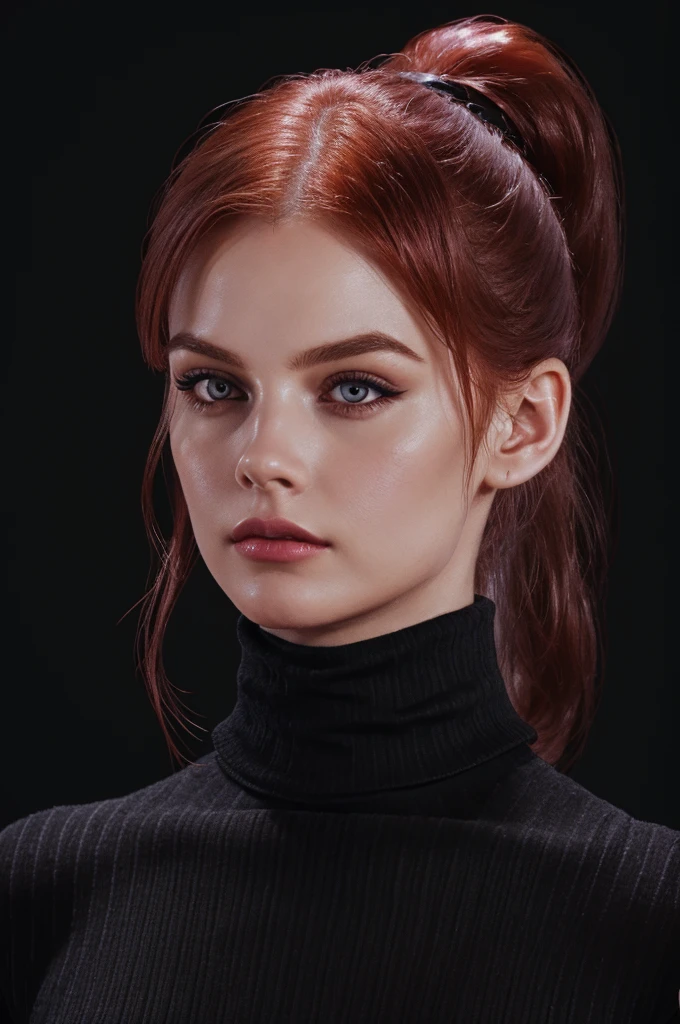 woman with medium-ponytail ,Auburn-red-hair, hairy ponytail, pale, wearing black turtleneck. eyeliner,portrait, beautiful woman, beautiful female ,beautiful ,eyeliner , elegant, digital painting, smooth, dramatic lighting, ultra realistic, 8k, art , blur backgrond, black background ,black background,black wallpaper,wearing black turtleneck.