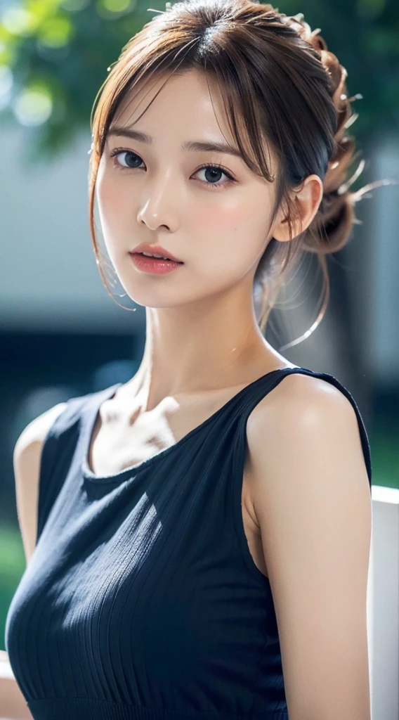 1womanl, Put your hair up to reveal a sexy nape or neck , Navy blue long dress, sleeveless 、mideum breasts, light brown hair, Blunt bangs, hair behind ear, hair over shoulder, Long hair, slender body shape, Ultra Fine Face, Thin face, Delicate lips, Beautiful eyes, thin blush, eyes are light brown, perfect glossy skin, flawless skin, Glistening sweat,View here, Ultra-thin hands, Ultra-fine fingers, best ratio four finger and one thumb, (realisitic:1.3), See-through white blouse. An amusement park, One-person viewpoint, Fuji Film, F/1.2, 8K, masutepiece, nffsw, Super Detail, High quality, Best Quality, hight resolution