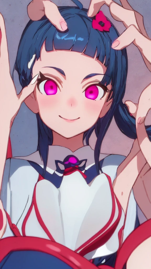 Highest quality, Very detailed,One Girl, alone, {cure_null_hirogarunullprecure:1.15}, Dark blue hair, blue eyes, Blue flames in the eyes, Long Hair, Twin tails, Magical girl, bangs, Open your mouth, Redhead, multicoloRedhead, One Girl, blunt bangs, Darken your clothes, hair ornaments, Wicked Smile, devilish aura (Shiny fabric:1.5), Full Body Shot, Purple Gemstone, attractive, blush, (Beautiful attention to detail:1.6), Very detailed顔, Perfect lighting, Extremely detailed CG, (Perfect hands, Perfect Anatomy), devil, Red and black color scheme, Shiny material, Grin, blackリボン, blackのサテン手袋, Evil clover leaf ornament, blackのフリル, jewelry, corruption, Latex Gloss, blackのゴシックマント, Wicked Smile, 背景を暗blackの世界, Red Moon, cloudy null, CG Style, One-sided black wing,Dark shadowed face,Sadistic smile,Malice,Contempt,smile,black