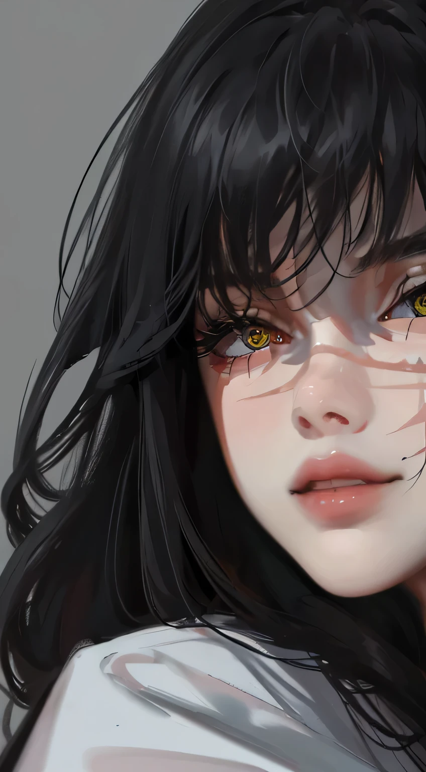 Realistic, Lip gloss, Realistic Painting, Best Quality, Ultra-high resolution, depth, pastel colour, Natural Shading, Focus on the face, Only the face, Severe, powerful, sensuous, To the audience, Big Hair (Black), Bright Eyes, Eyes with circular pupils, Brown、Detailed eyes, uniform, Detailed Background