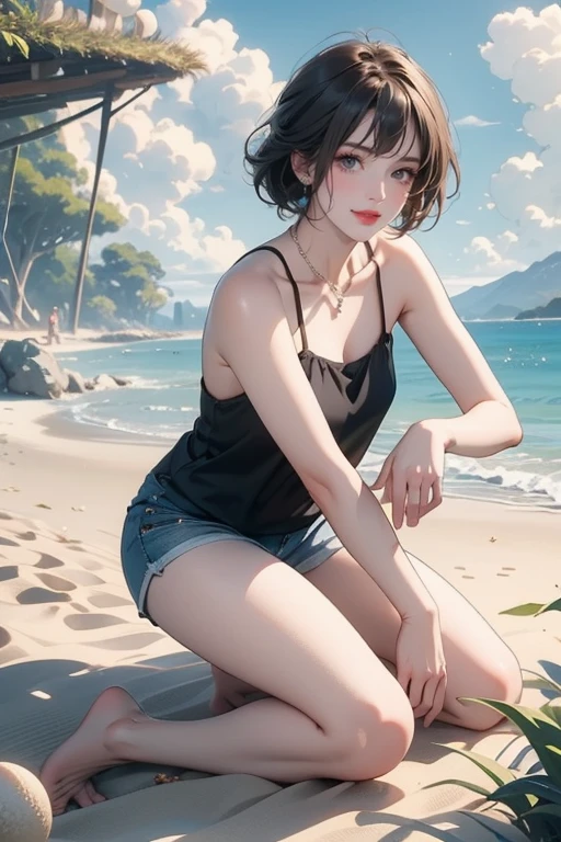 (Highest quality、masterpiece、High resolution、8K)、Vibrant colors、Young and beautiful woman 1、whole body、(Detailed face、Beautiful Eyes、Beautiful nose、Pretty lips)、Black and brown short bob、White tank top and shorts、barefoot、Jump High、Ride along the sandy beach、Surprised Smile、Official Art、The background is the sea、blue sky、Wide sandy beach、Wide forest、White waves and sandy beach、White Entrance Cloud、