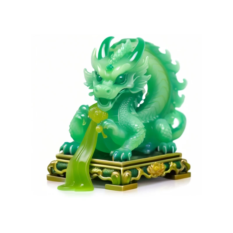 A green long-tailed dragon statue, jade sculpture, Jade Dragon Statue, shui mo hua, Cyan Chinese Dragon Fantasy, Green Dragon, Translucent,Game Icon