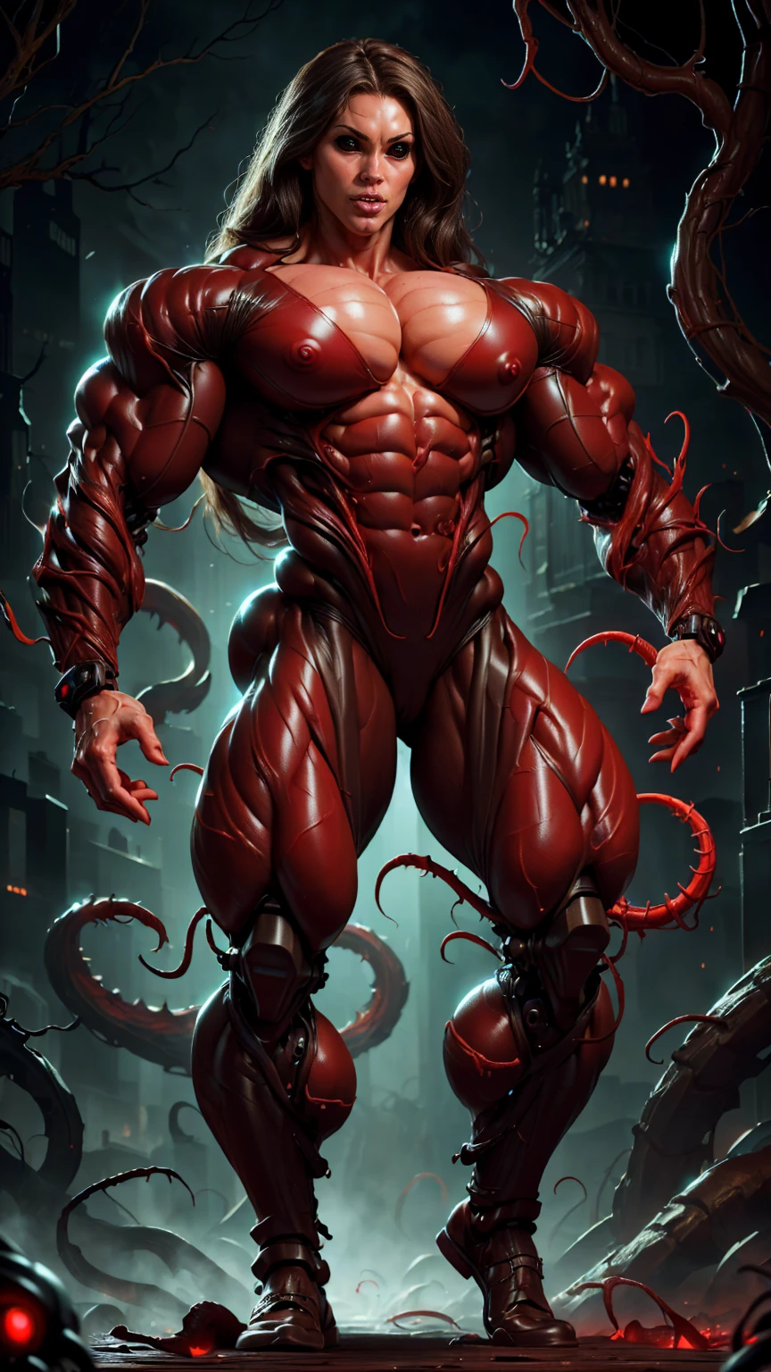 (beautiful girl face:1.25), megan fox as a beautiful vampiric girl with a muscular red carnage body, (red carnage anatomic cybernetic muscle suit:1.25), (body totally covered in muscles, veins, tendons), (perfect muscular anatomy), (wide shoulders and upper body:1.25), (slim waist:1.25), (long hair:1.25), (perfect hands:1.25), (full body view:1.25)