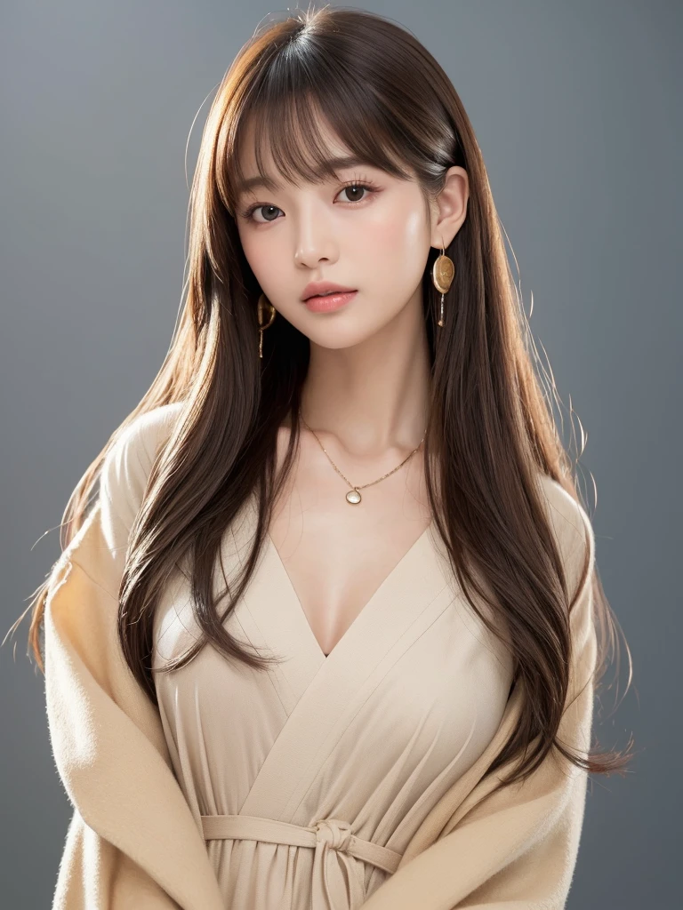 ((Highest quality, 8K, masterpiece:1.3)), concentrate: 1.2, Perfect body beauty: 1.4, Hips: 1.2, ((Long Hair, chest: 1.2)), (Dry clothes: 1.1) , (clear, Simple Background:1.3), Simple clothes: 1.1, Highly detailed face and skin texture,Delicate eyes, double eyelid, Whitened skin, Rough skin、Long Hair、Earrings with bangs、necklace、 solo、Beige coat、White shirt, (((Beautiful girl with cute Japan)))、 ((Beautiful Japanese girl 20 years old))、 ((Baby Face))、 (((Slender body)))、 Upper Body,Face focus、necklace,Simple Background,From above, Realistic Hair、 A photograph was taken:Canon EOS R6、135mm、1/1250 seconds、f2.8、ISO400、(Detailed explanation of the hand)、(Masseter muscle area)、(Exquisite CG)、Long Hair, loose and curly hair、Korean Hair、Long Hair明るいベージュ色、グラデーションハイライトグレージュのゆるふわLong Hairスタイル、