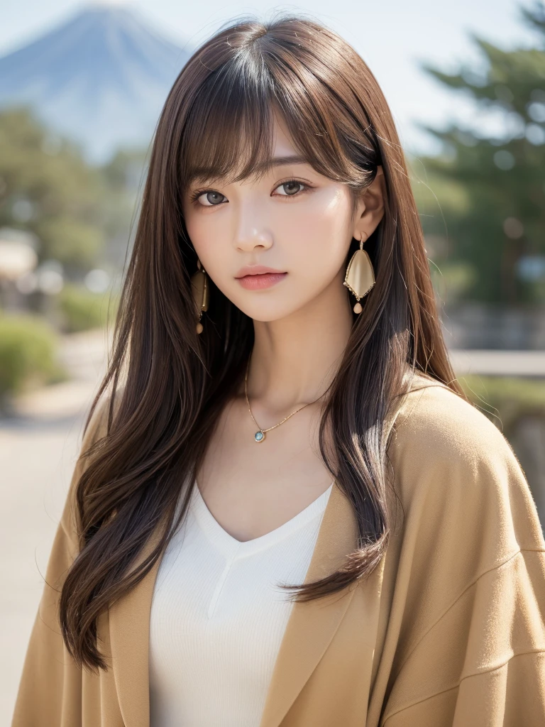  ((Highest quality, 8K, masterpiece:1.3)), concentrate: 1.2, Perfect body beauty: 1.4, Hips: 1.2, ((Long Hair, chest: 1.2)), (Dry clothes: 1.1) , (clear, Simple Background:1.3), Simple clothes: 1.1, Highly detailed face and skin texture,Delicate eyes, double eyelid, Whitened skin, Rough skin、Long Hair、Earrings with bangs、necklace、 solo、Beige coat、White shirt,  (((Beautiful girl with cute Japan)))、  ((Beautiful Japanese girl 20 years old))、 ((Baby Face))、 (((Slender body)))、  Upper Body，Face focus、necklace，Simple Background，From above， Realistic Hair、 A photograph was taken:Canon EOS R6、135mm、1/1250 seconds、f2.8、ISO400、(Detailed explanation of the hand)、(Masseter muscle area)、(Exquisite CG)、Long Hair, loose and curly hair、Korean Hair、Long Hair明るいベージュ色、グラデーションハイライトグレージュのゆるふわLong Hairスタイル、