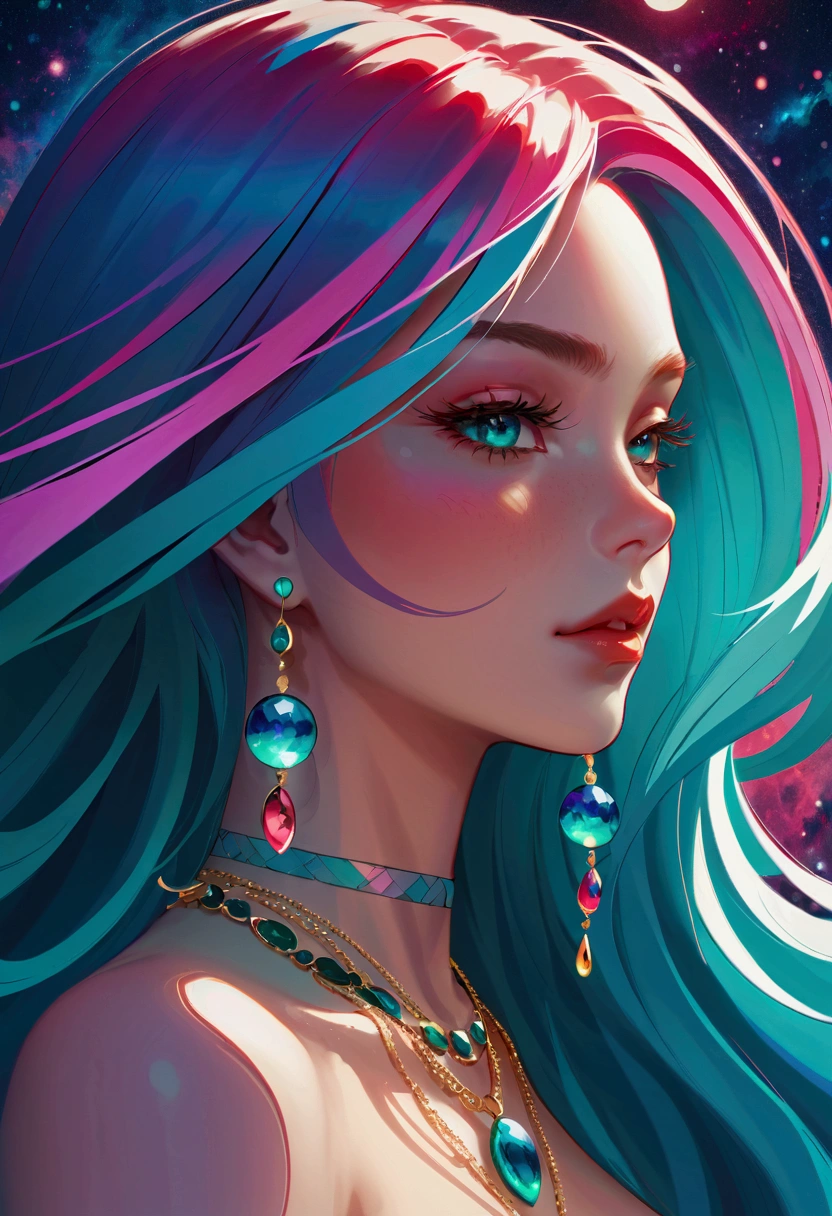 Close-up of a woman with rich and colorful hair and necklace, Anime girl with cosmic long hair, The soft vibrancy of Rossdraws, Gouwez (Guvez) Artwork of style, Fantasy art style, rich and colorful], Vibrant fantasy style, Rossdraws Vibrant cartoons, universe and rich and colorful, Gu Weiss, rich and colorful digital fantasy art, Stunning art style, Beautiful anime style, White skin, Hulk&#39;s Clothes